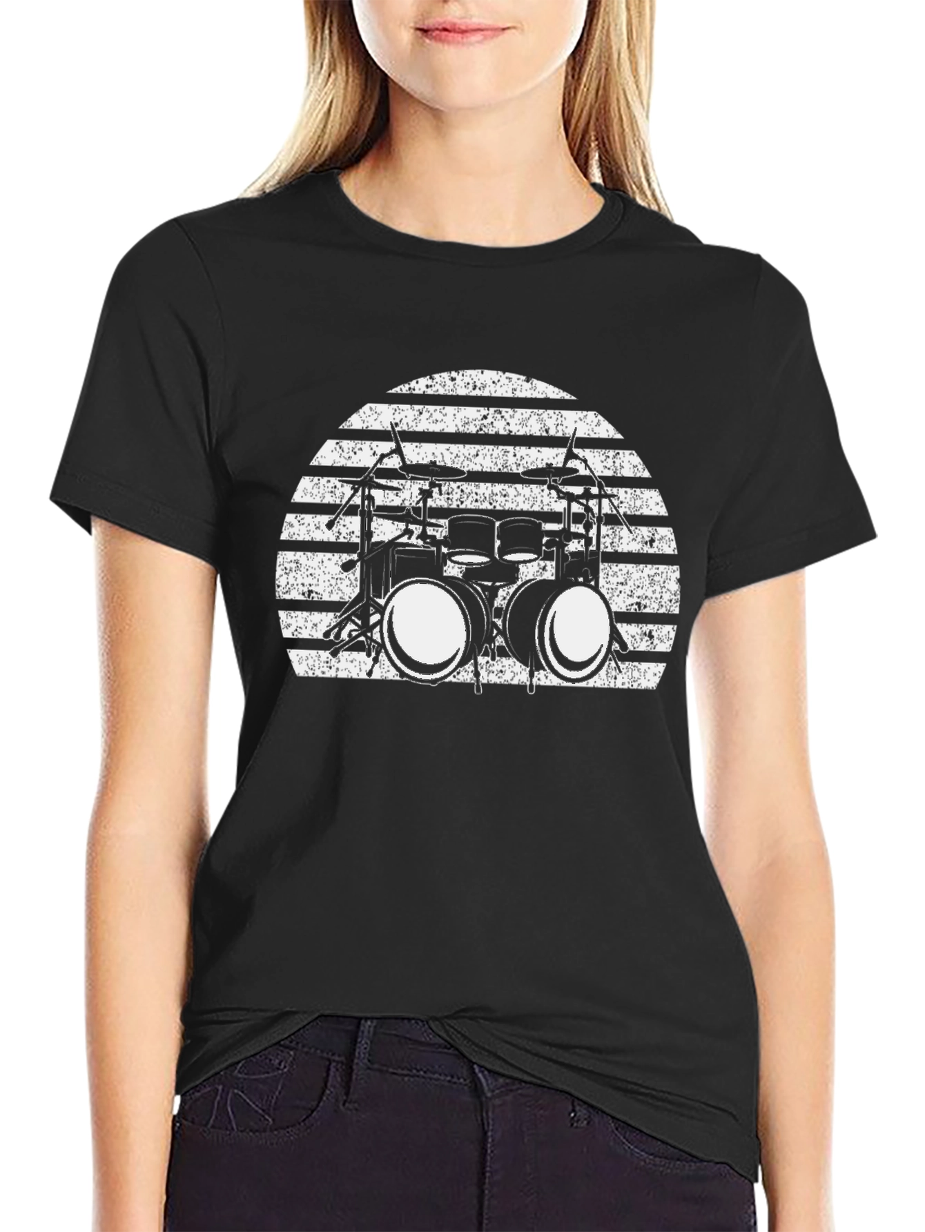 Drum Set Sunset Graphic Tee - Black Cotton T-Shirt