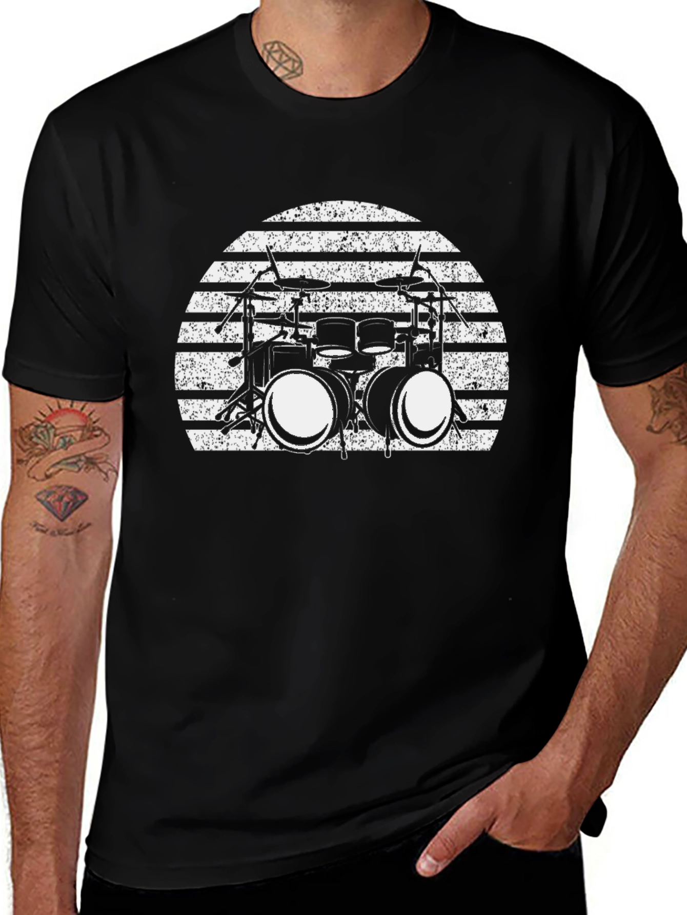 Drum Set Sunset Graphic Tee - Black Cotton T-Shirt