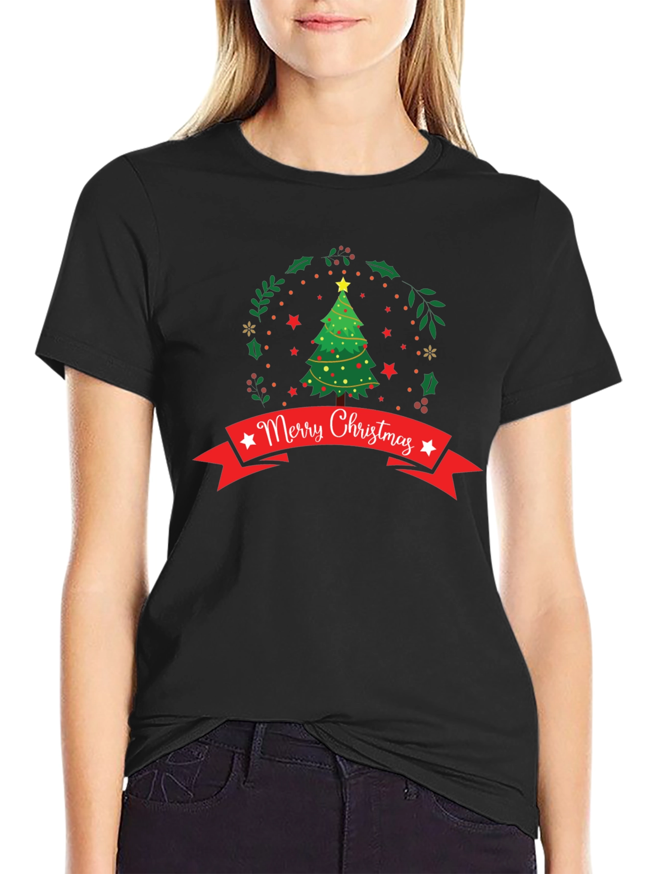 Festive Merry Christmas Tree Graphic Tee - Holiday Season Apparel