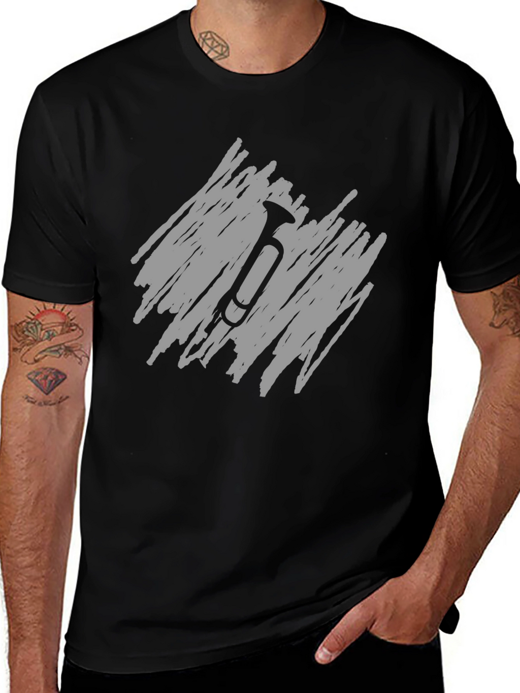 Mens Black T-Shirt with Scribble Trumpet Design