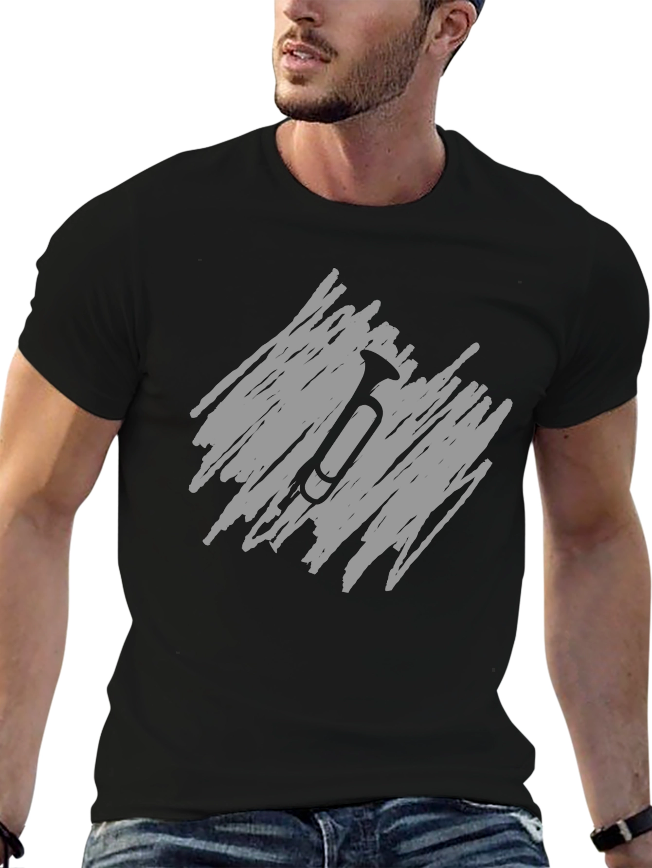 Mens Black T-Shirt with Scribble Trumpet Design