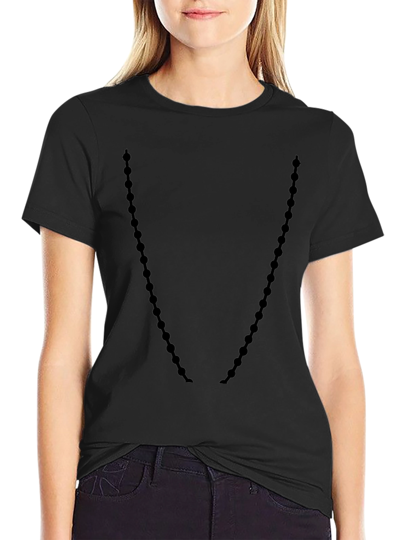Mens Black Crewneck T-Shirt with Beaded Necklace Design