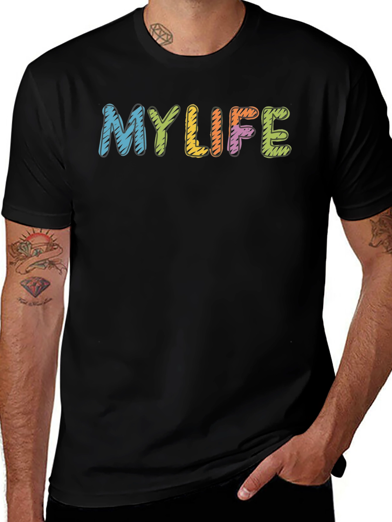 Colorful MY LIFE Graphic Black Tee