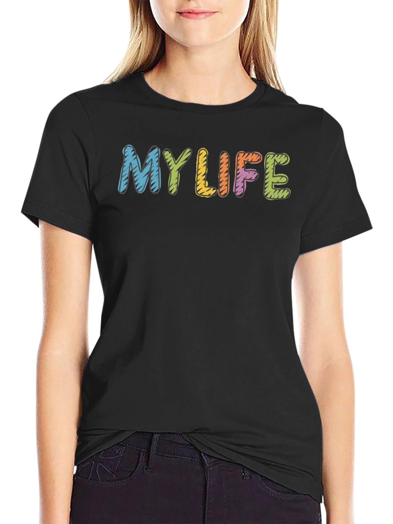 Colorful MY LIFE Graphic Black Tee
