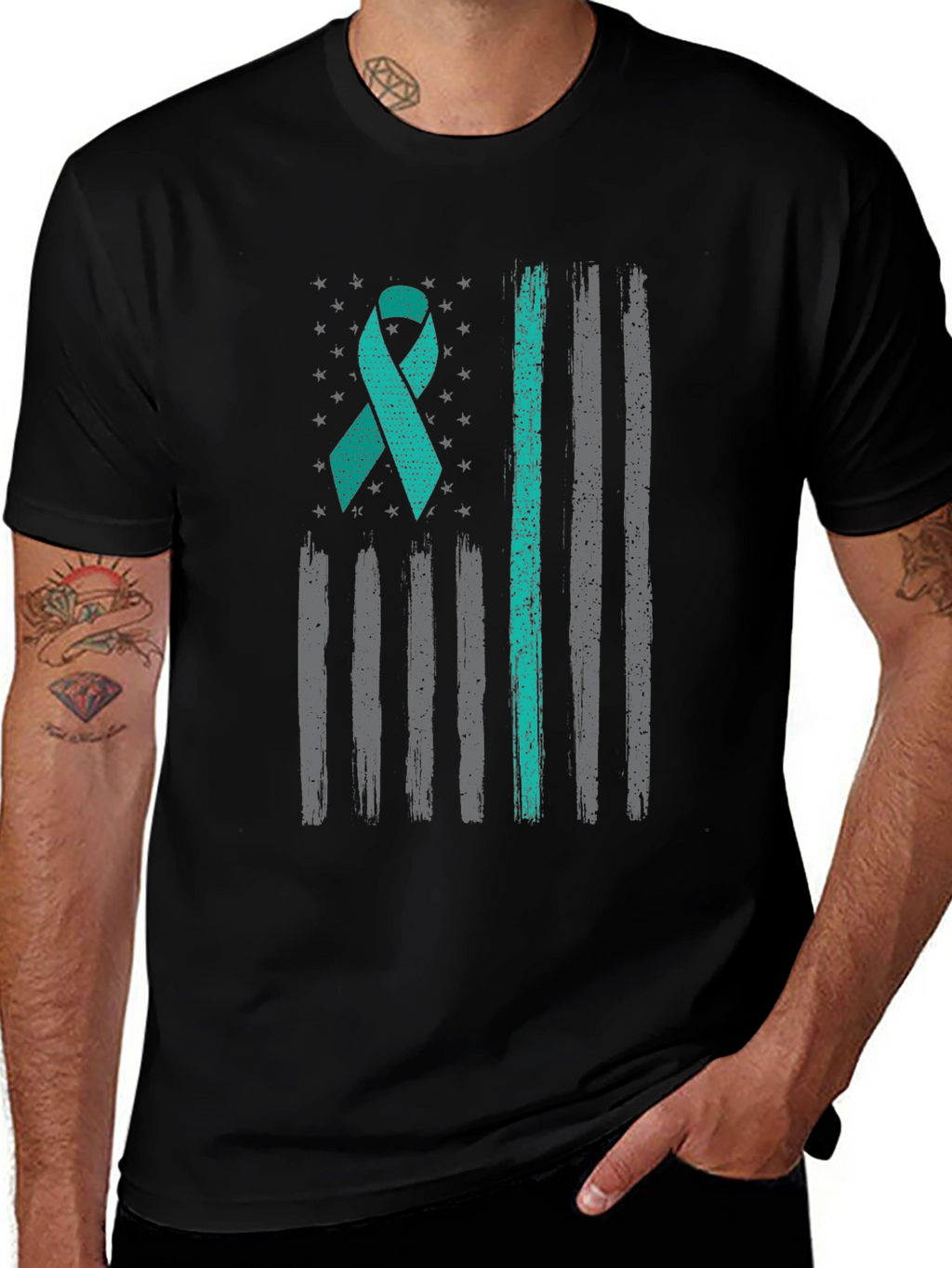 Teal Ribbon American Flag T-Shirt