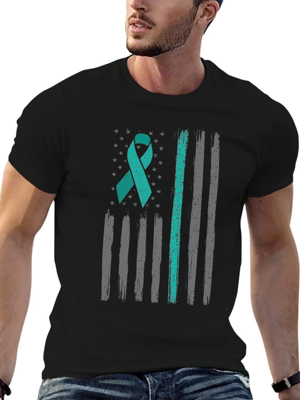 Teal Ribbon American Flag T-Shirt