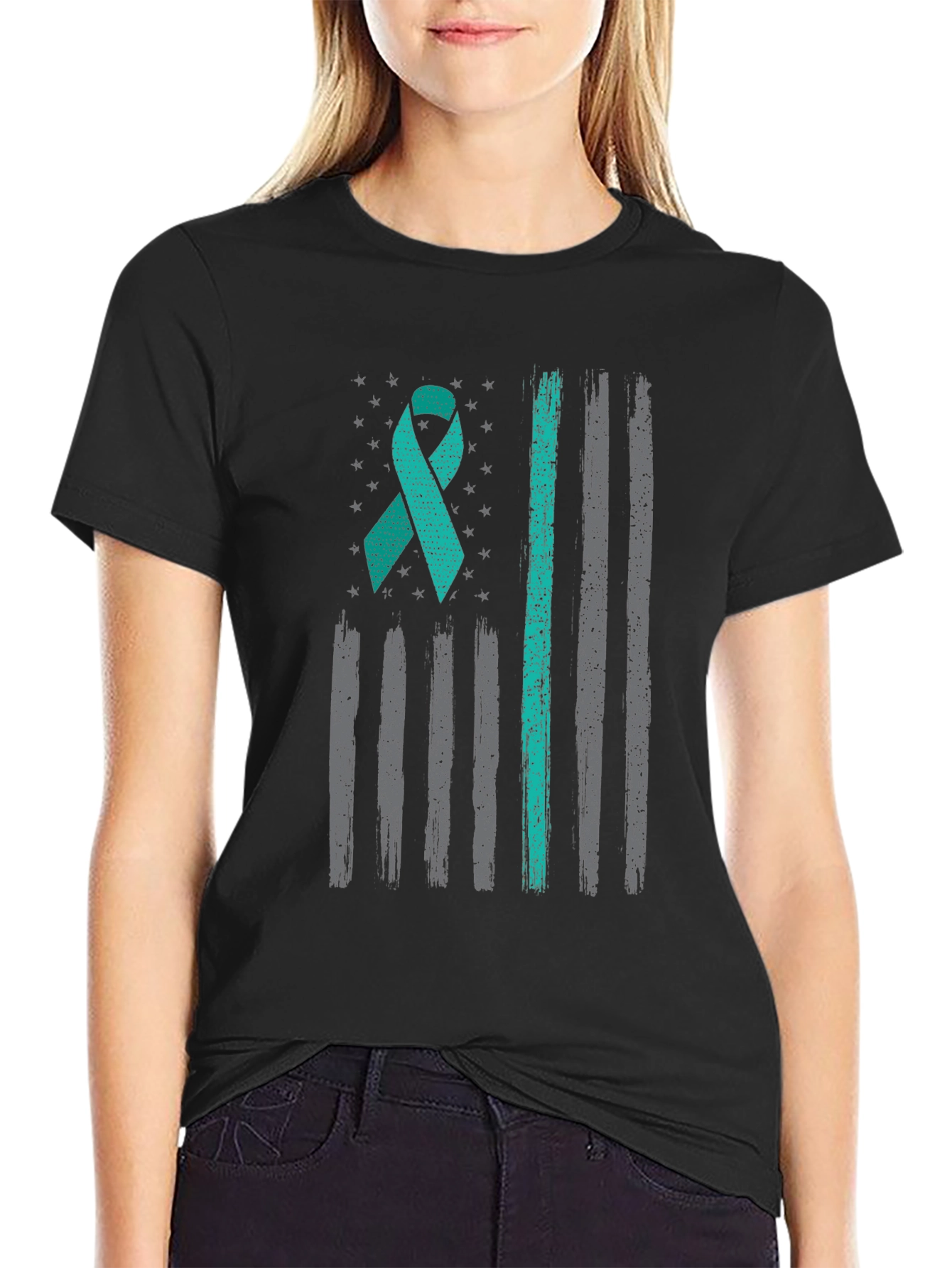 Teal Ribbon American Flag T-Shirt