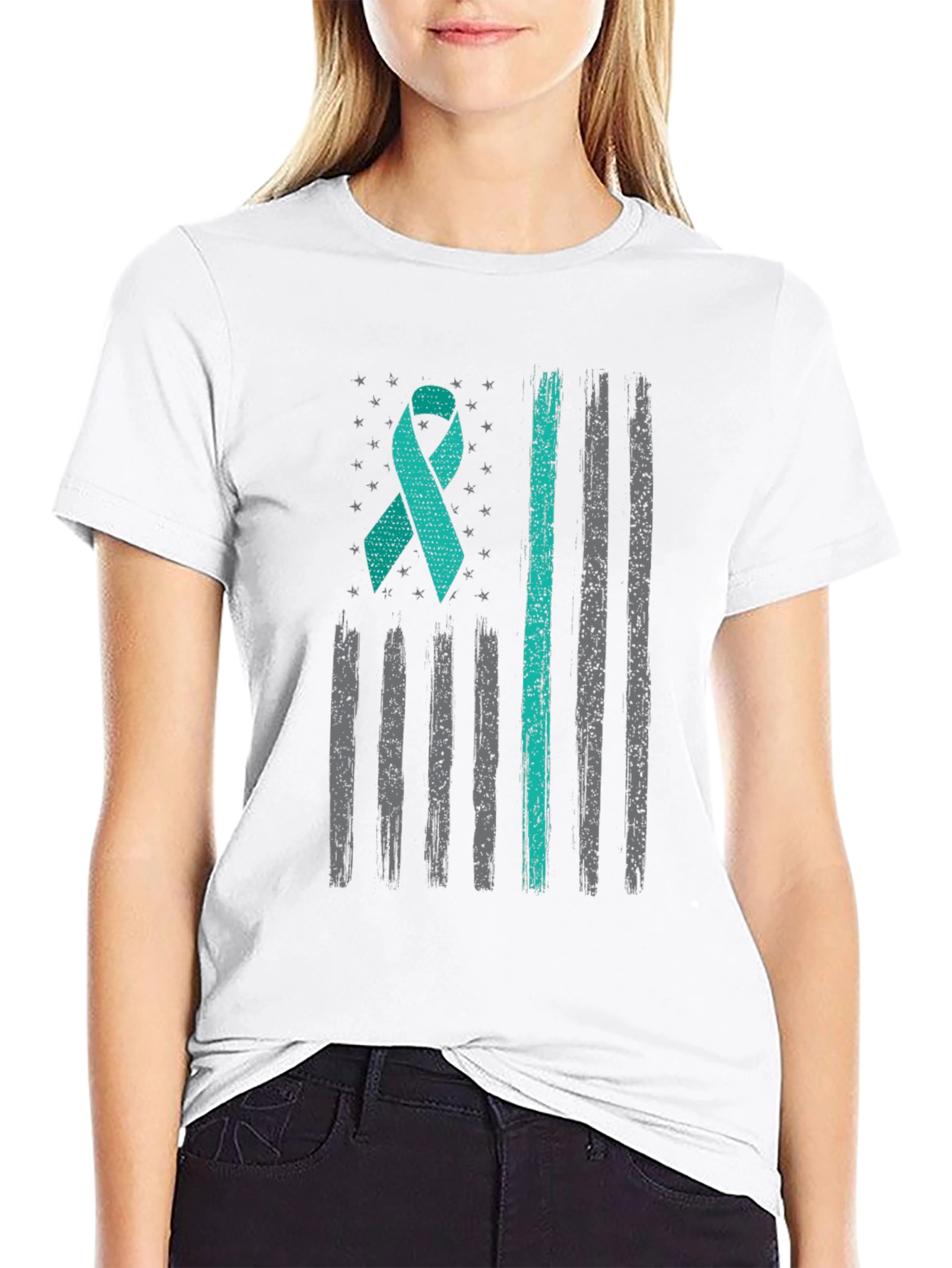 Teal Ribbon American Flag T-Shirt