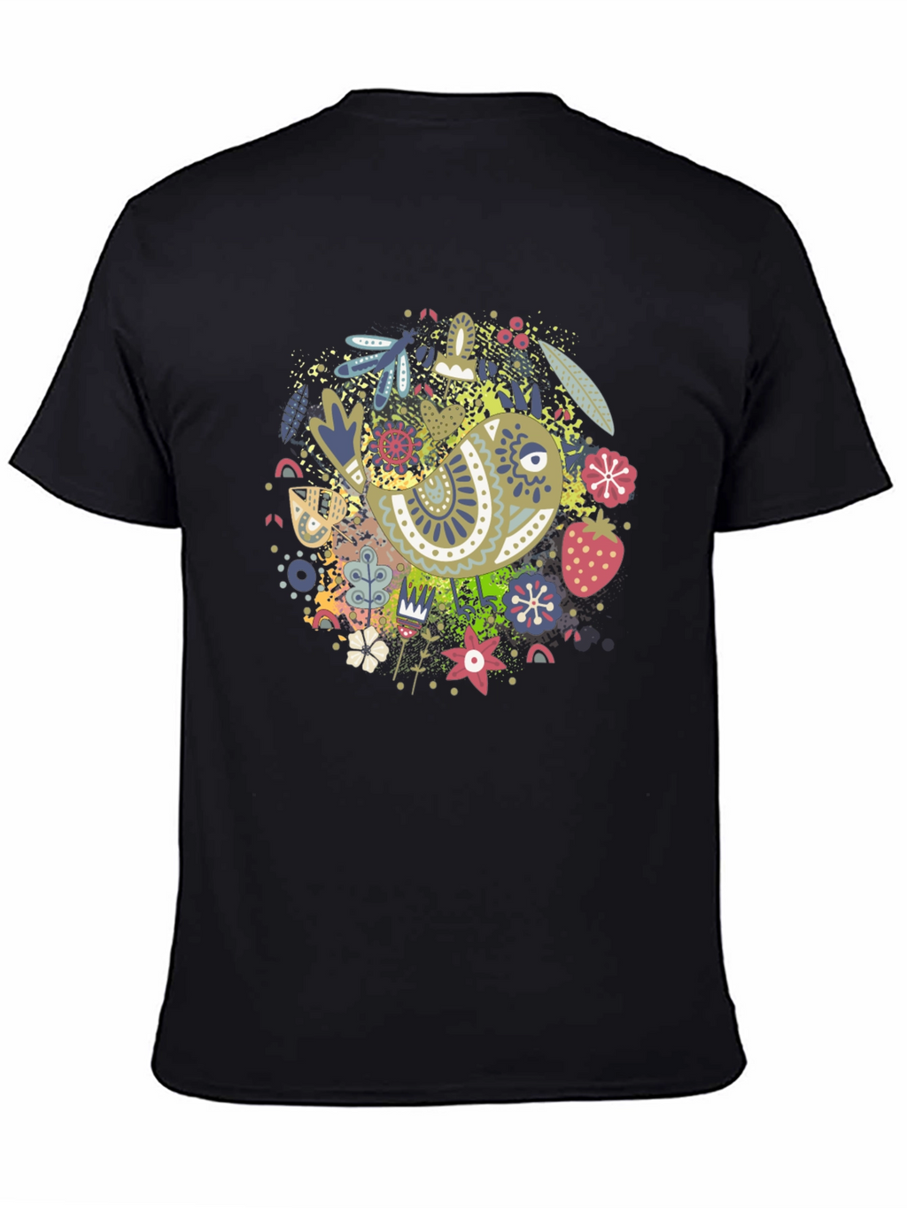 Whimsical Bird Print Black Tee