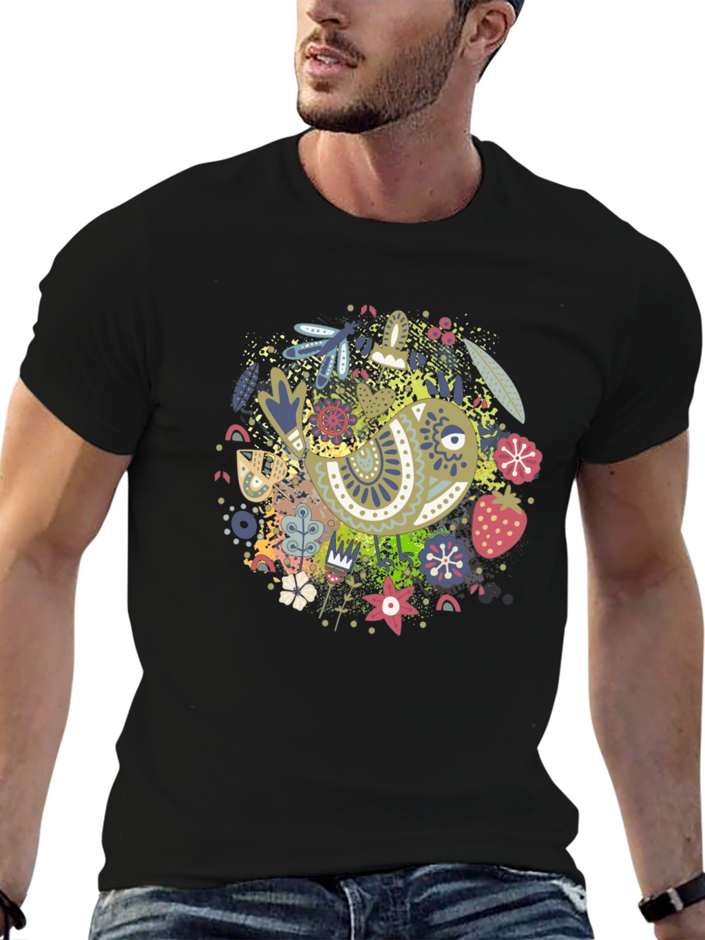 Whimsical Bird Print Black Tee