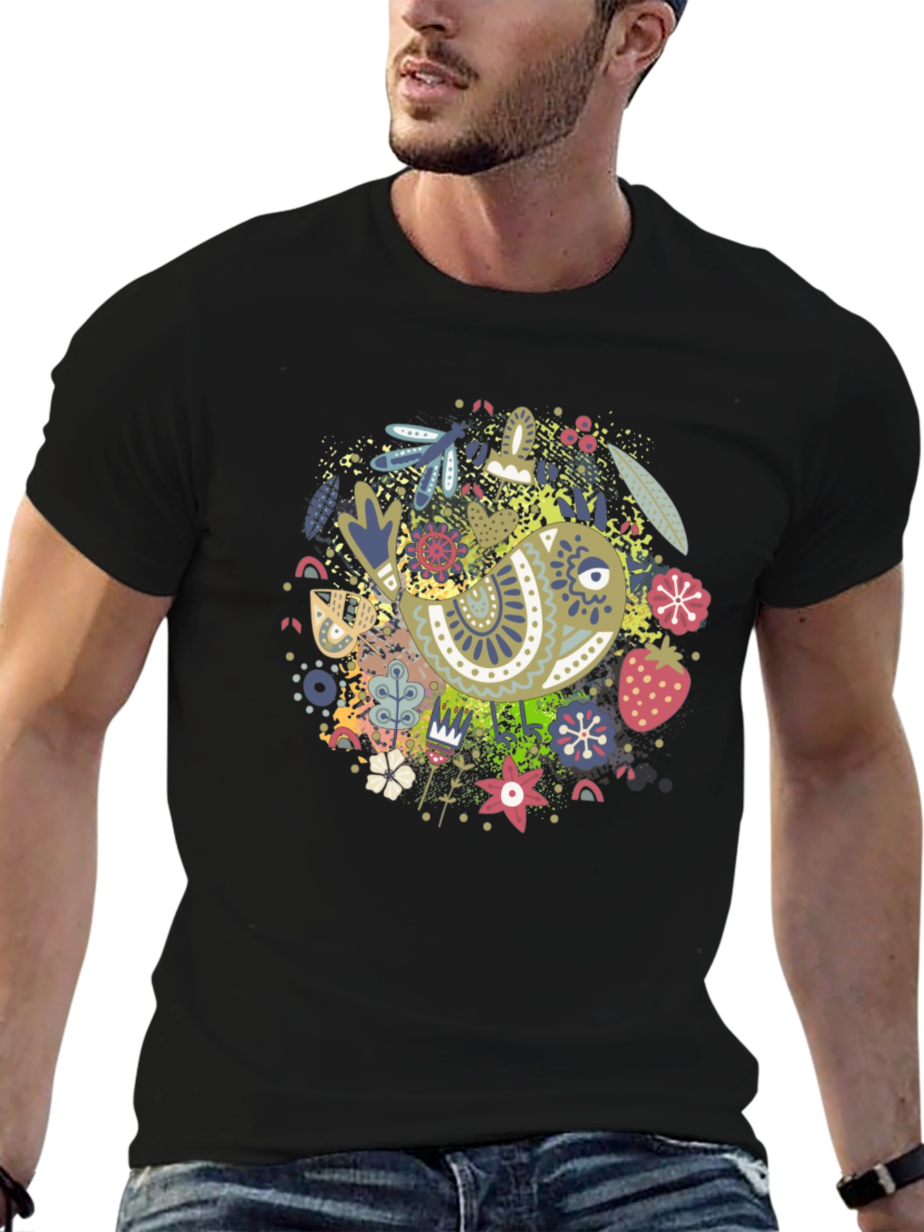 Whimsical Bird Print Black Tee