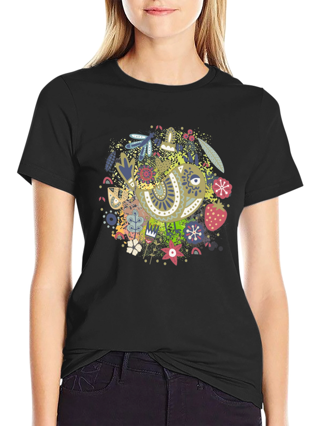 Whimsical Bird Print Black Tee