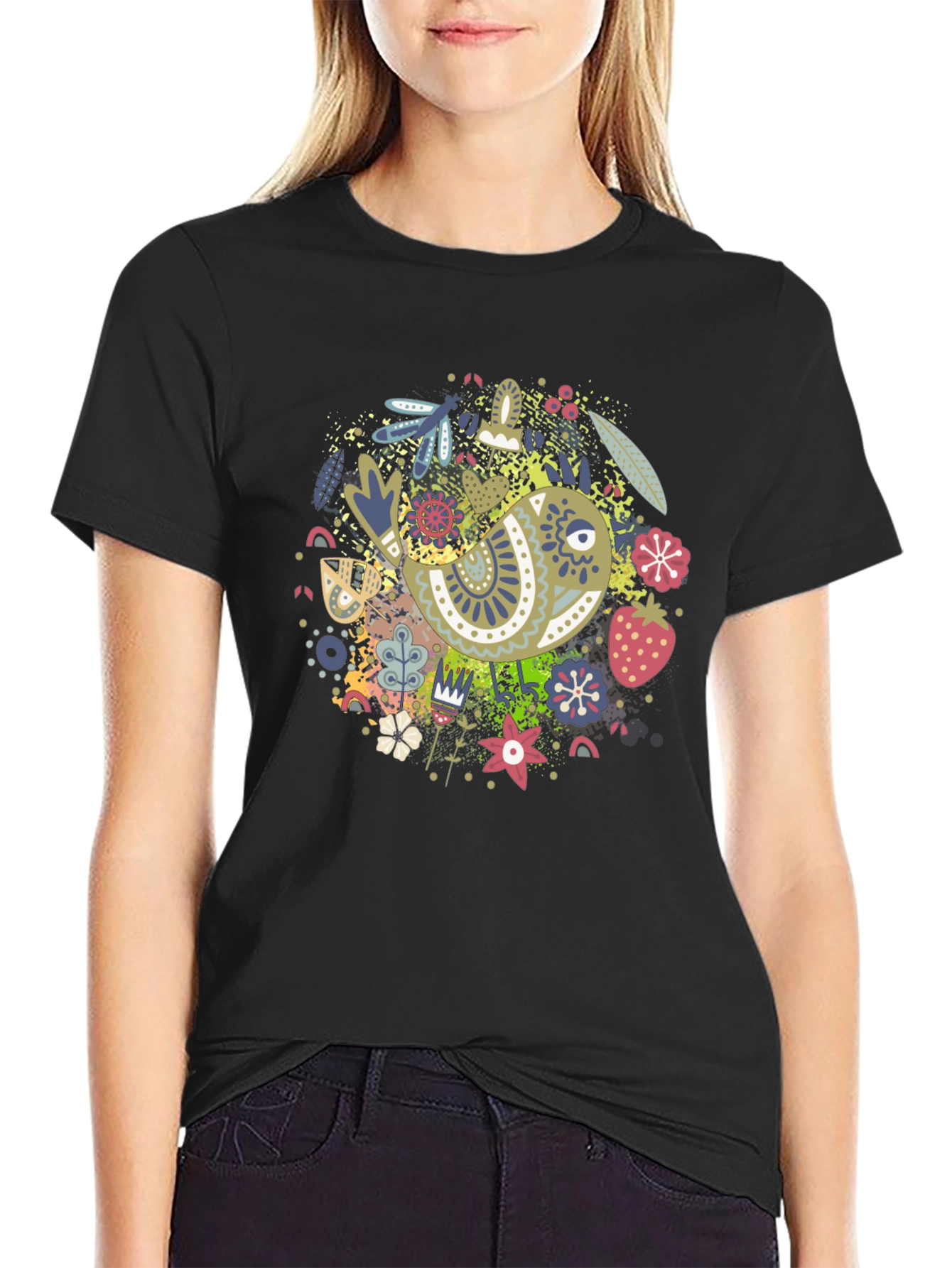 Whimsical Bird Print Black Tee