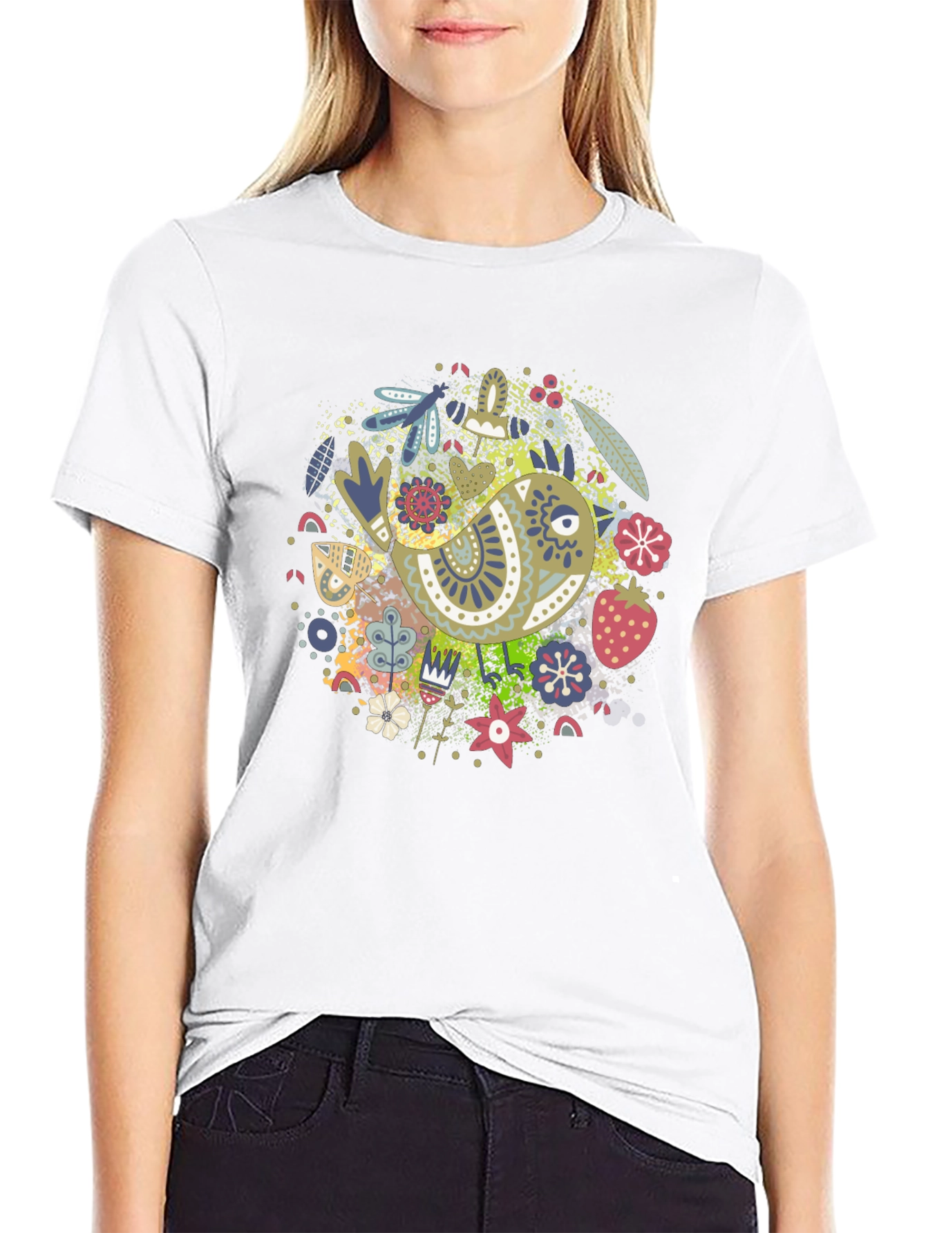 Whimsical Bird Print Black Tee
