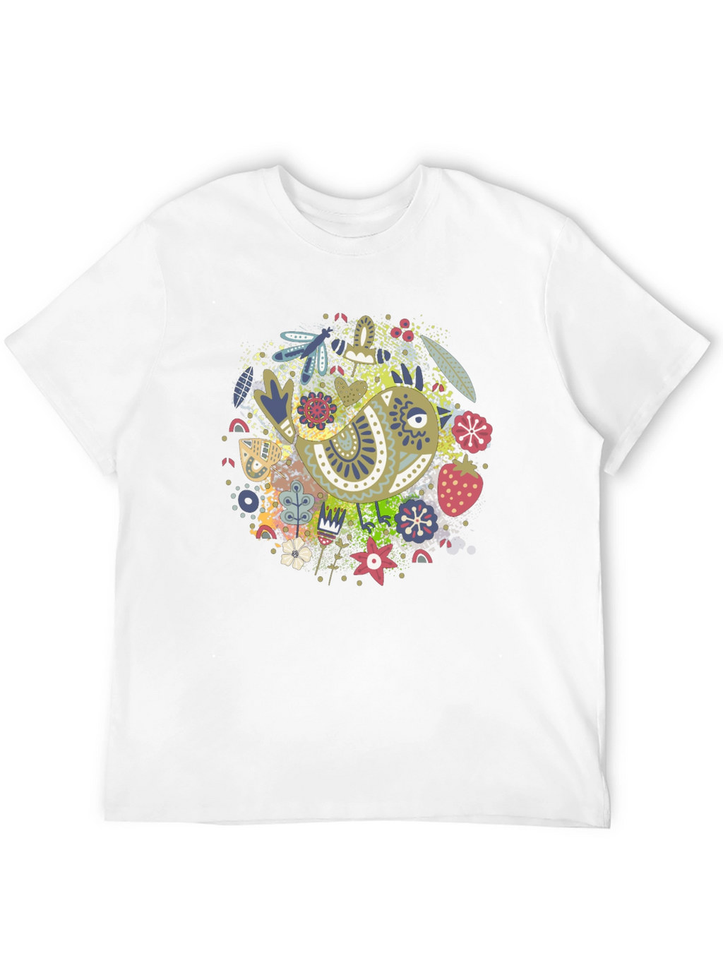 Whimsical Bird Print Black Tee