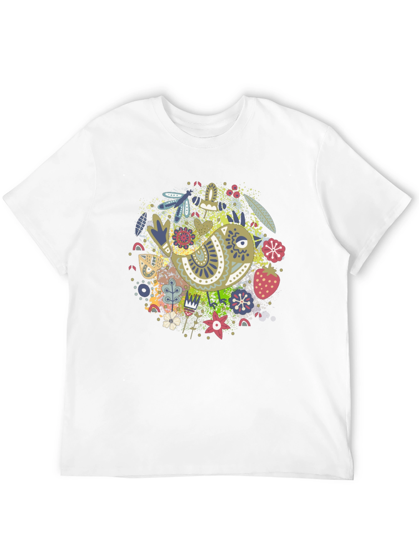 Whimsical Bird Print Black Tee