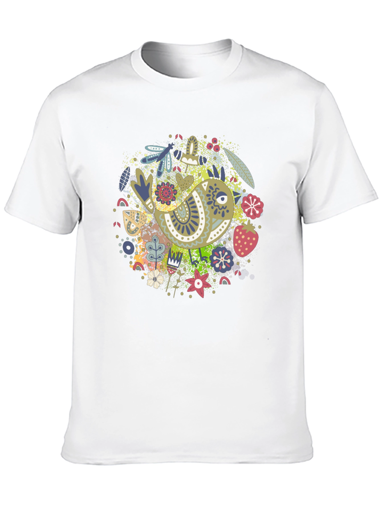 Whimsical Bird Print Black Tee