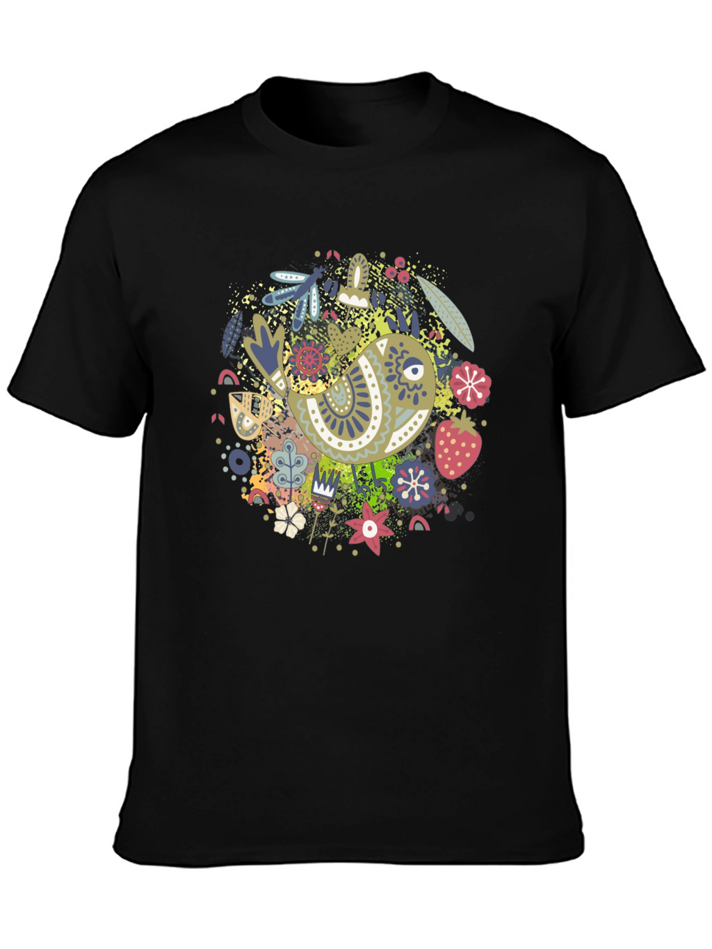 Whimsical Bird Print Black Tee