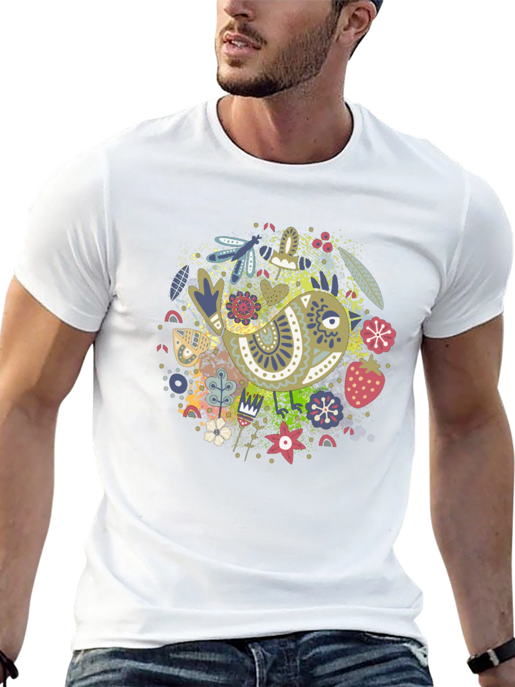 Whimsical Bird Print Black Tee