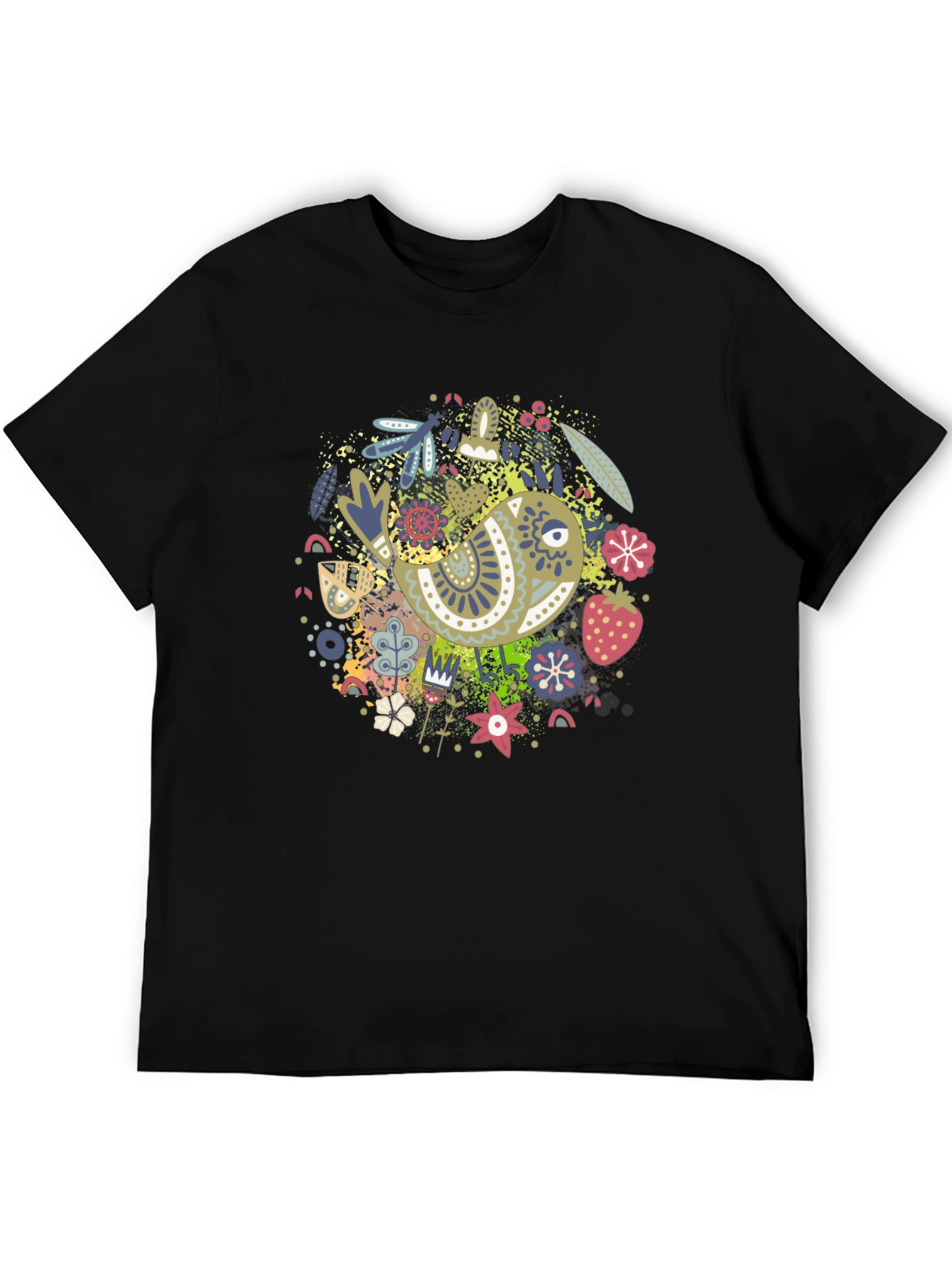Whimsical Bird Print Black Tee