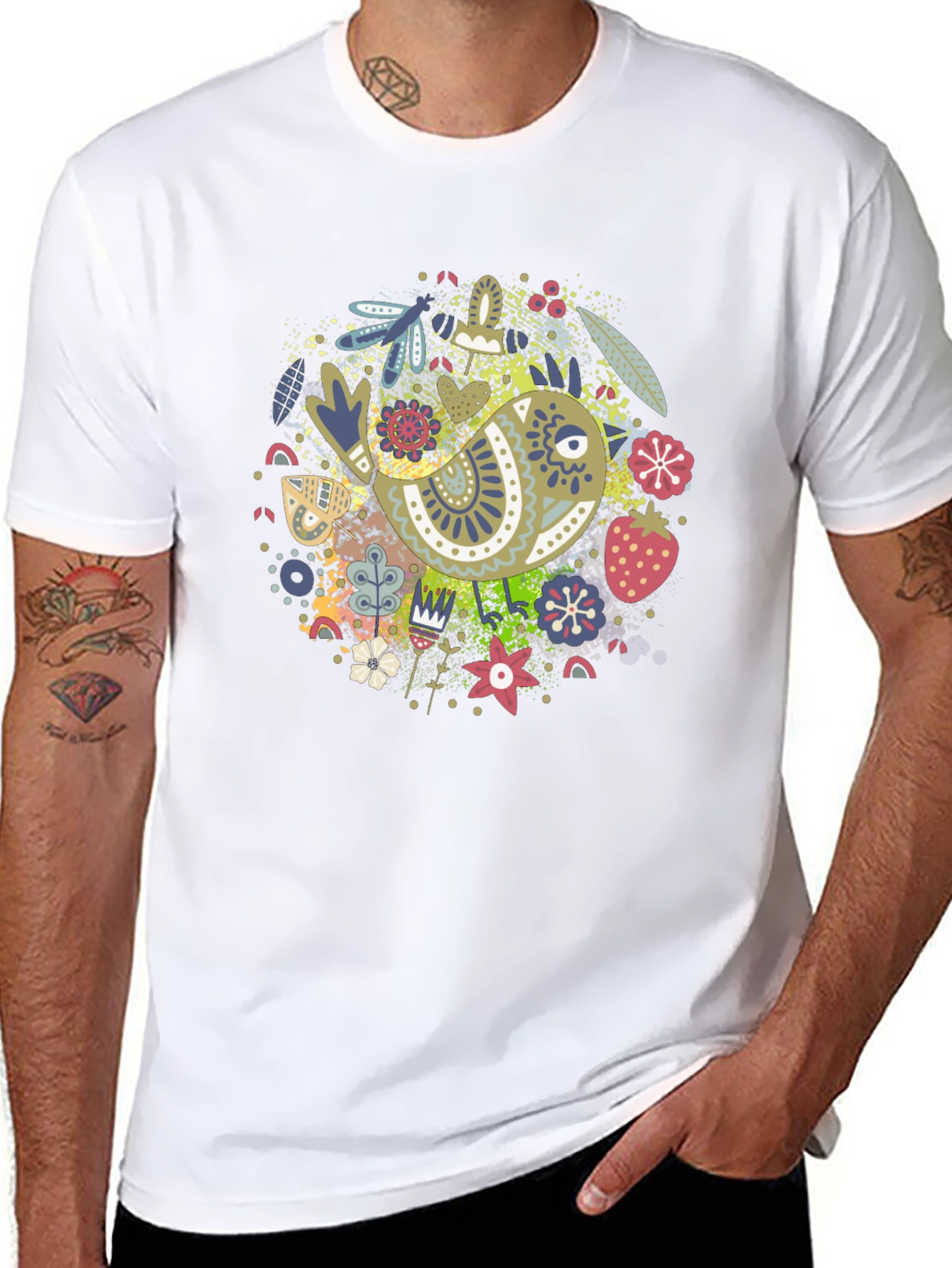 Whimsical Bird Print Black Tee