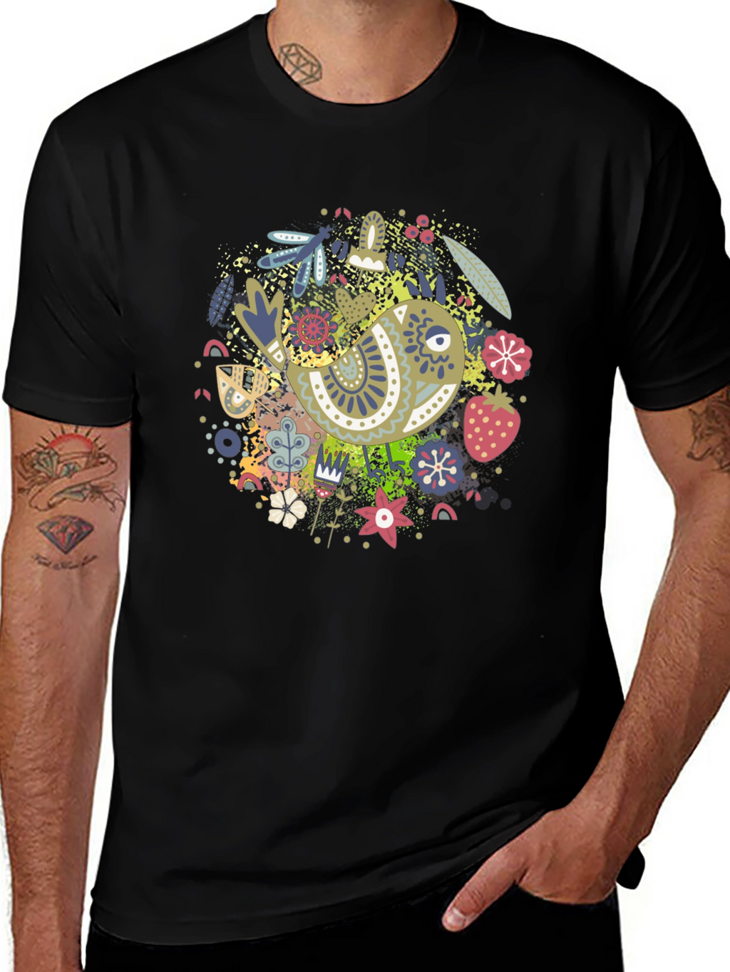 Whimsical Bird Print Black Tee