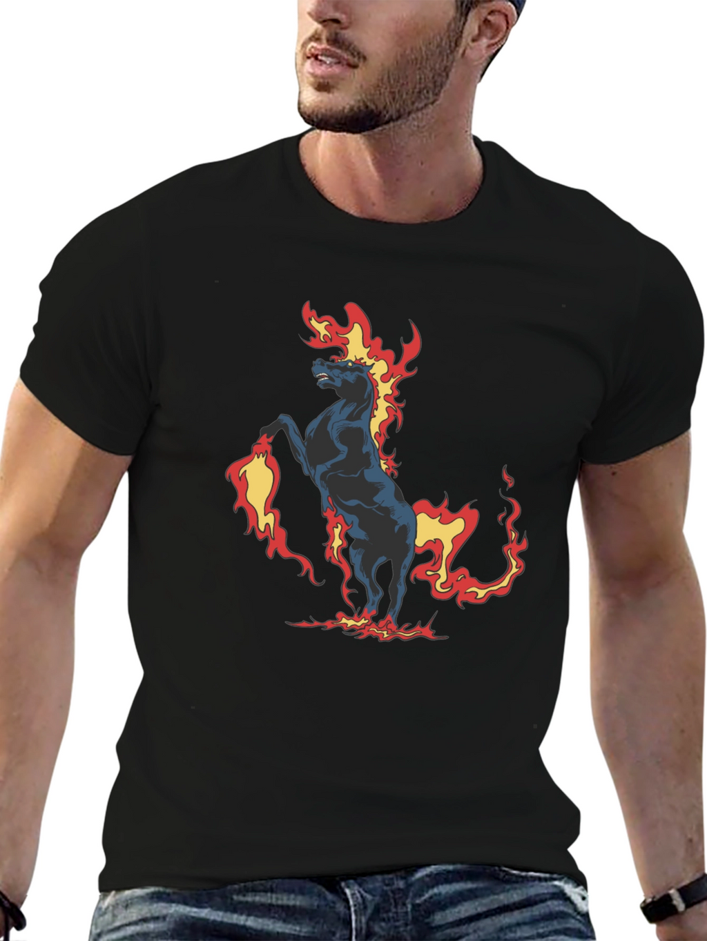 Fiery Horse Graphic Print Black T-Shirt