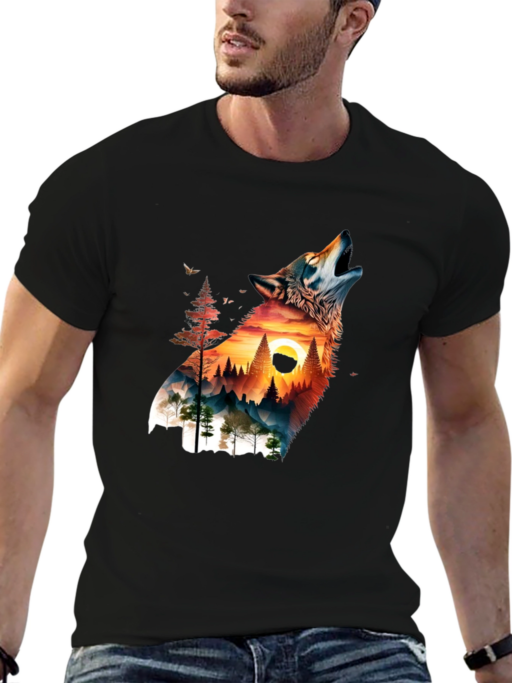 Wolf & Mountain Graphic Print Mens T-Shirt