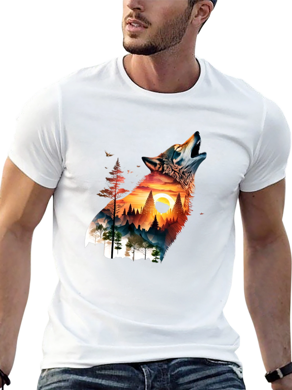 Wolf & Mountain Graphic Print Mens T-Shirt