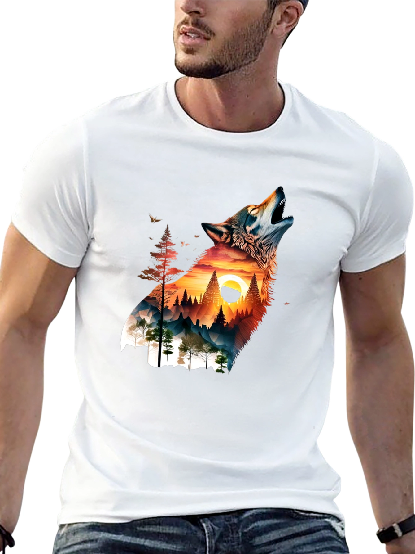 Wolf & Mountain Graphic Print Mens T-Shirt