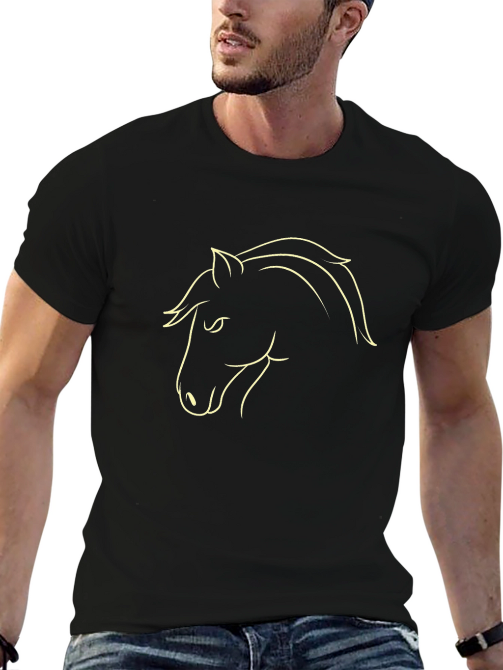 Black T-Shirt with Horse Outline Design