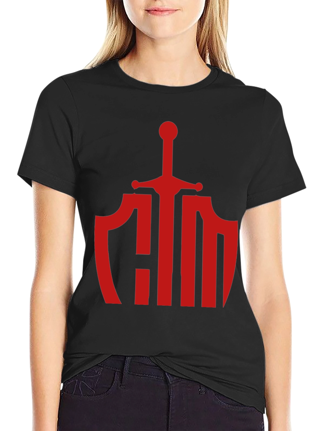 Knight Shield Sword Graphic Tee - Bold Red Print
