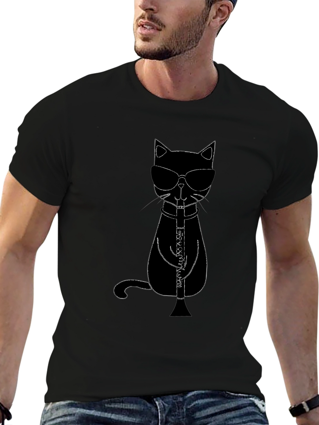 Cool Cat Clarinet Player Black T-Shirt