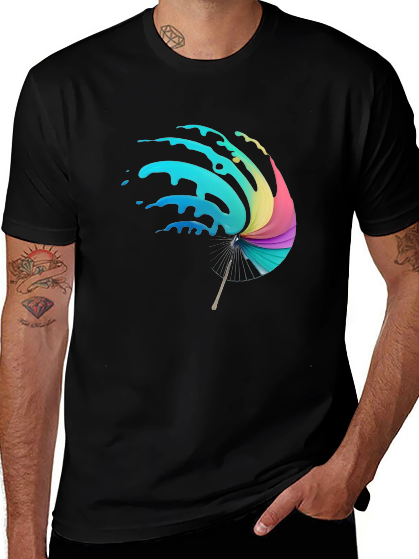 Vibrant Splash Umbrella Graphic Black T-Shirt