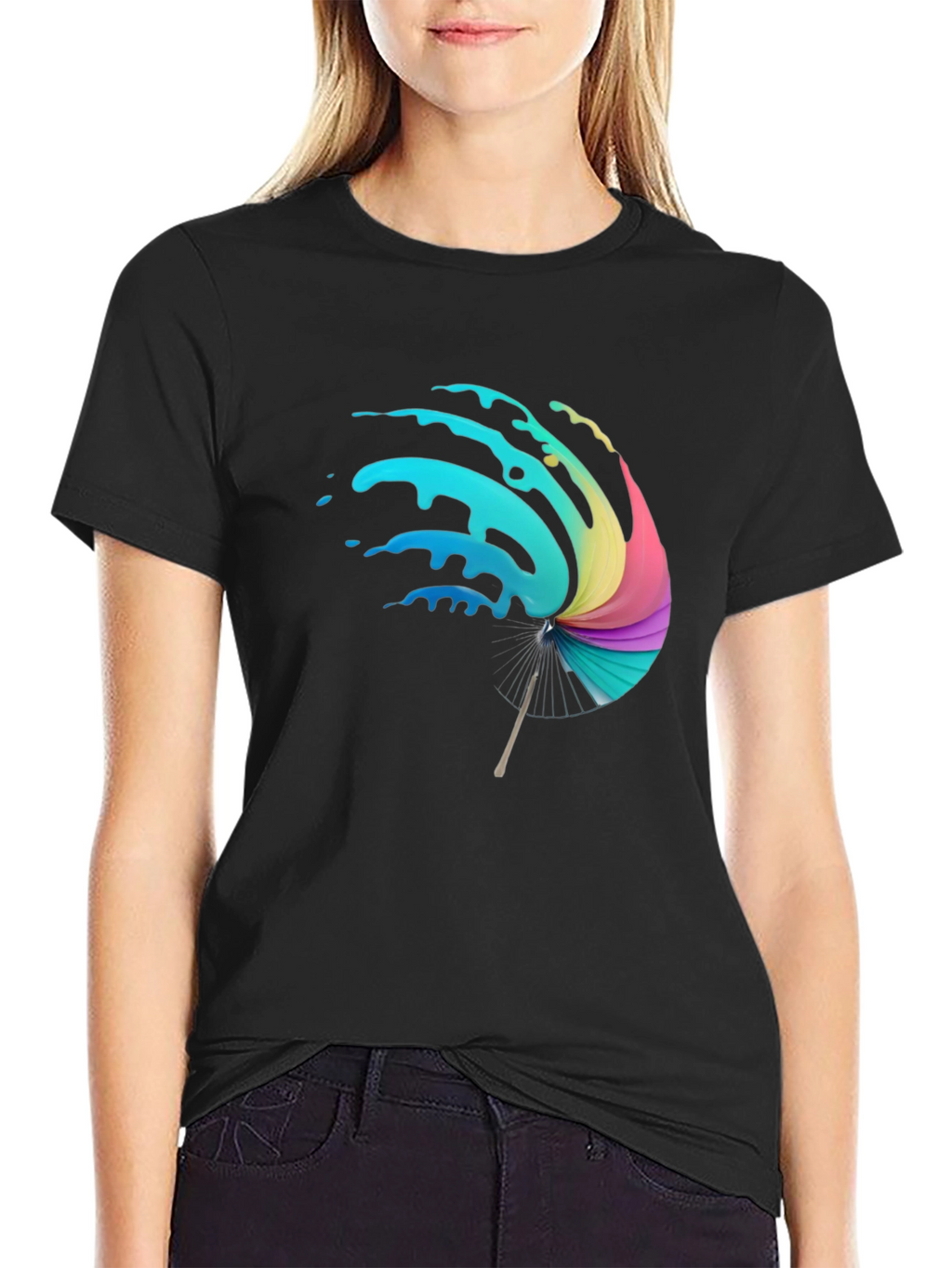 Vibrant Splash Umbrella Graphic Black T-Shirt