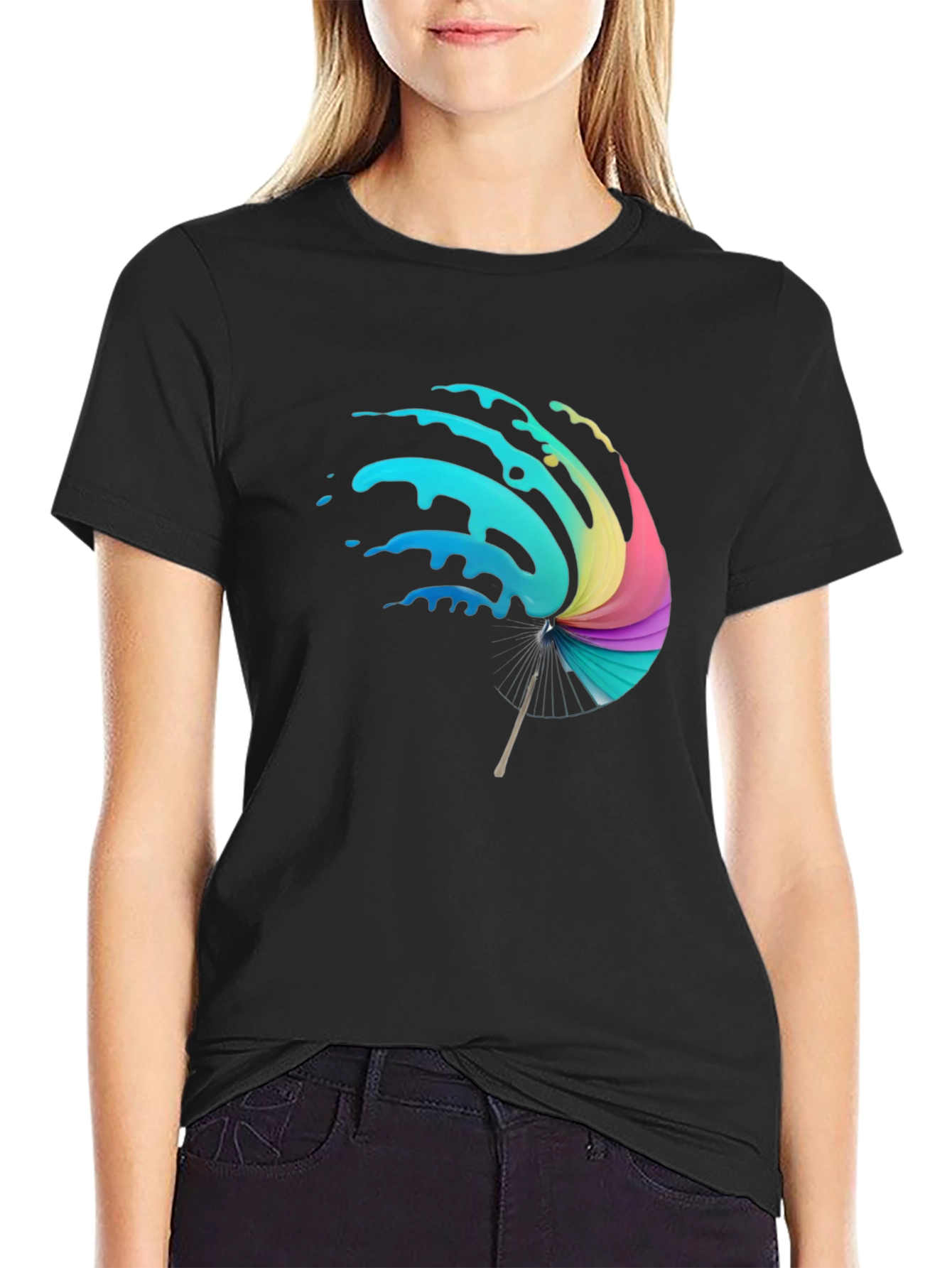 Vibrant Splash Umbrella Graphic Black T-Shirt
