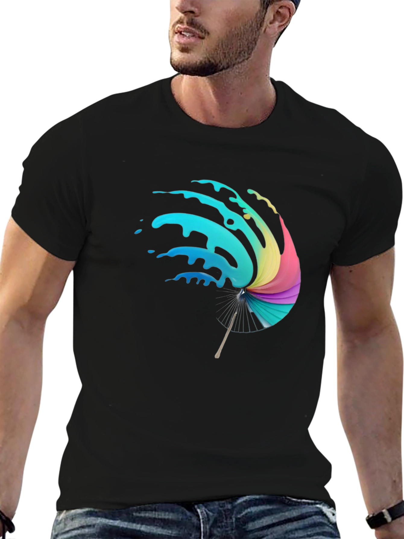 Vibrant Splash Umbrella Graphic Black T-Shirt