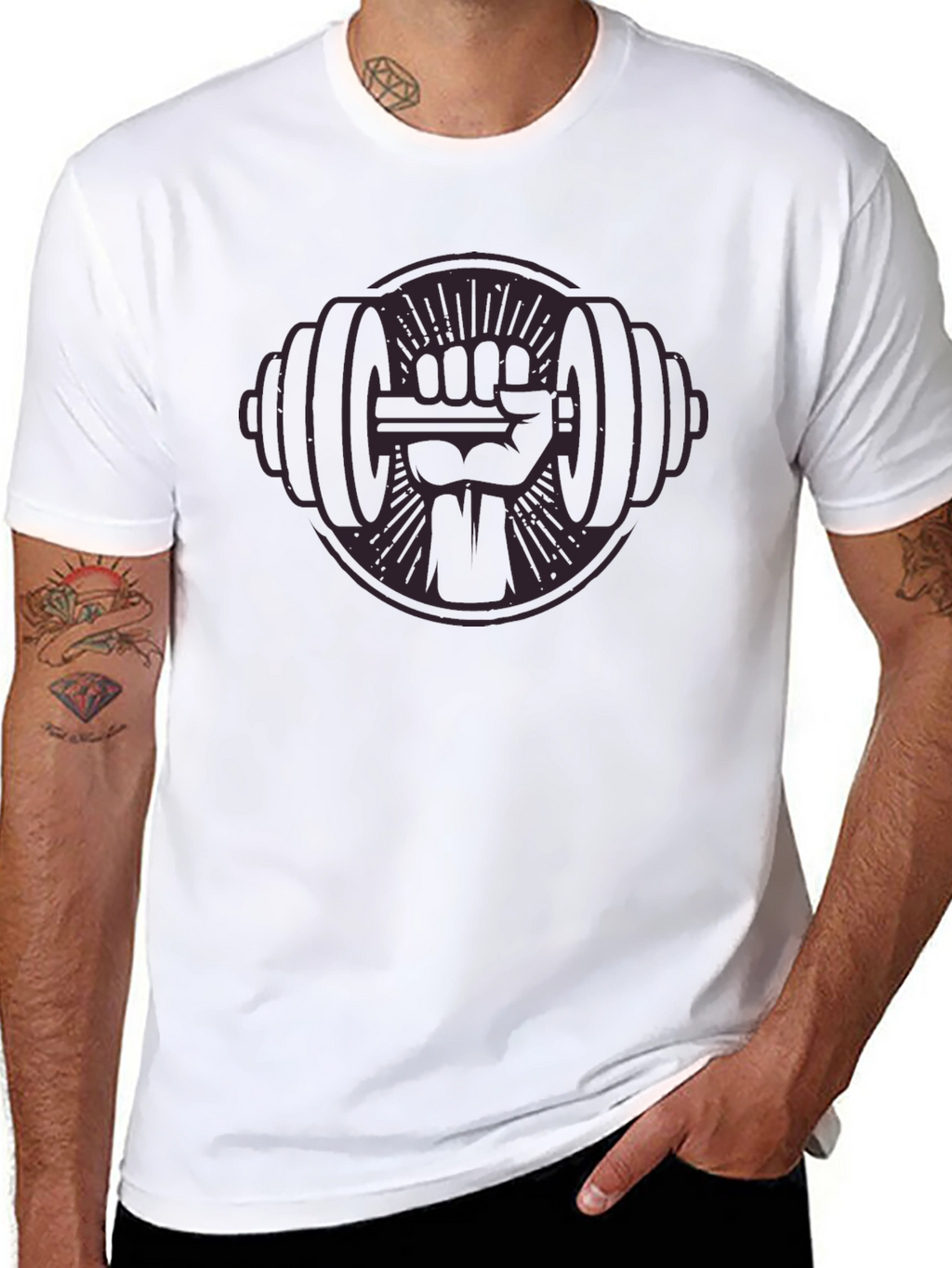 Black Graphic Tee: Fist Holding Barbell Design
