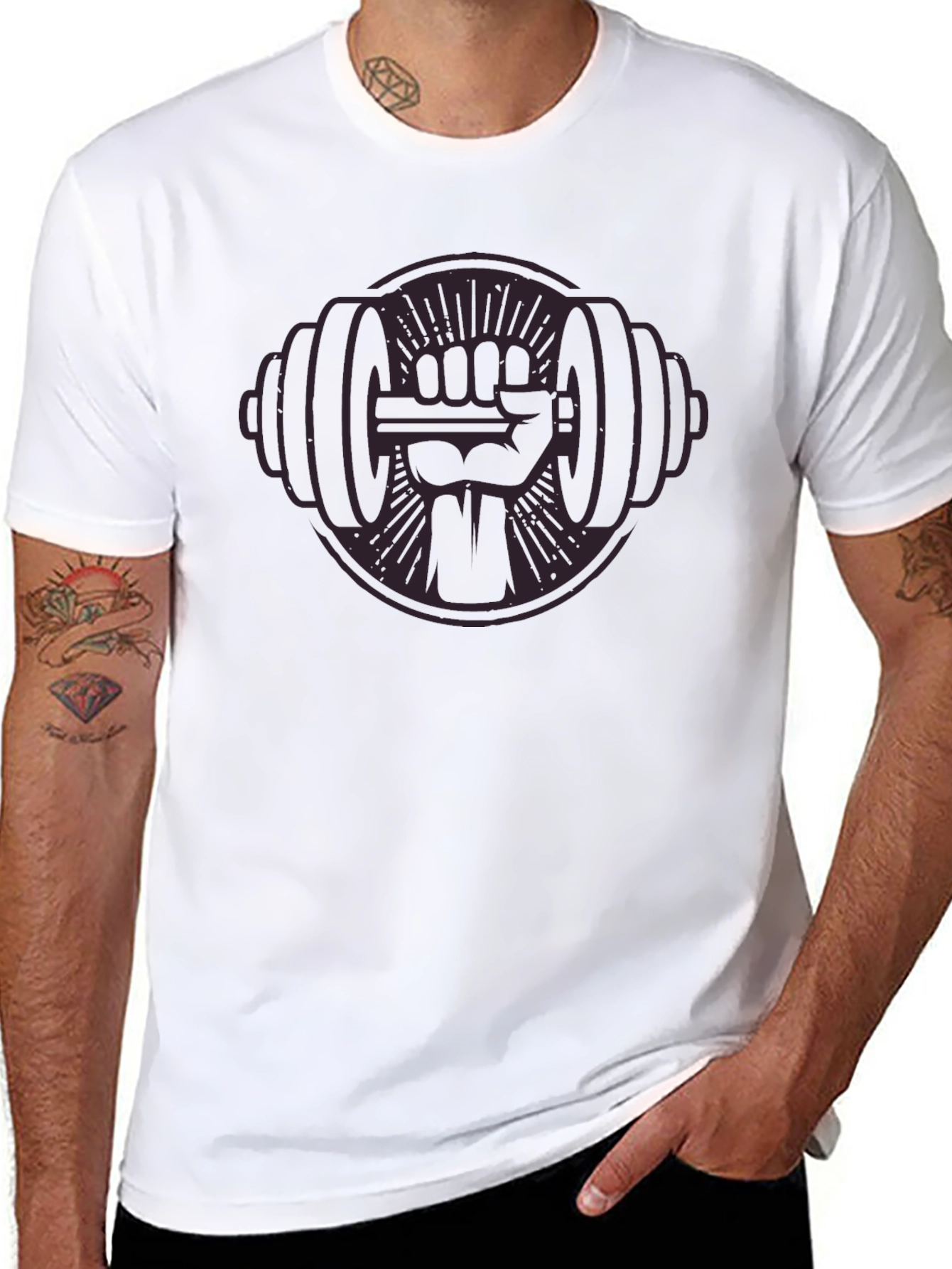 Black Graphic Tee: Fist Holding Barbell Design