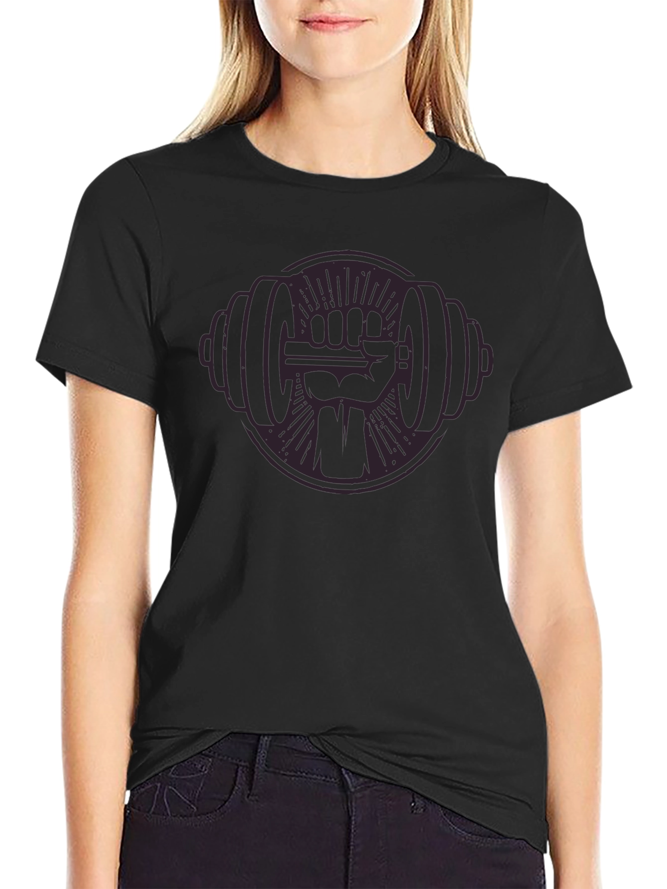 Black Graphic Tee: Fist Holding Barbell Design
