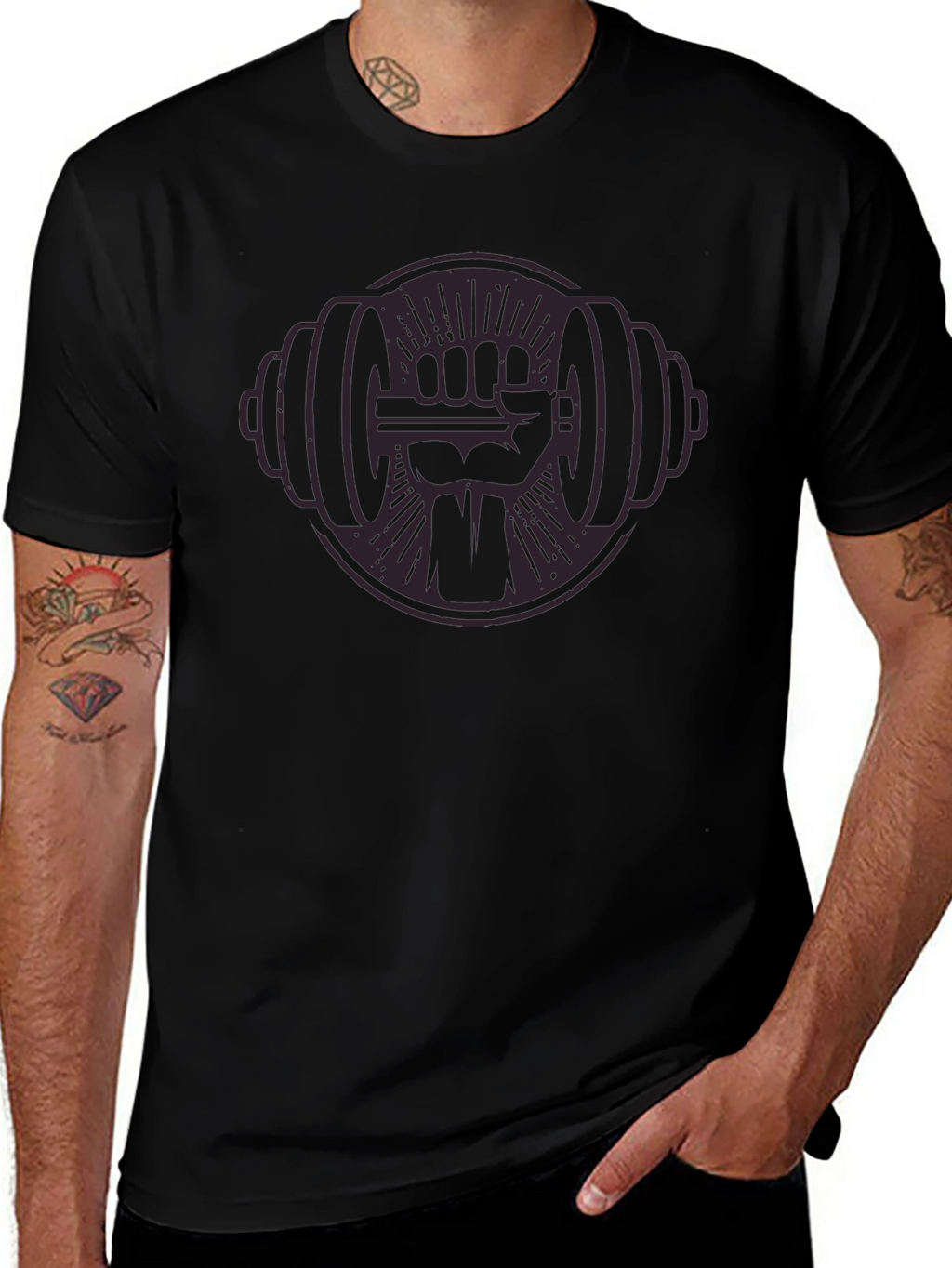 Black Graphic Tee: Fist Holding Barbell Design