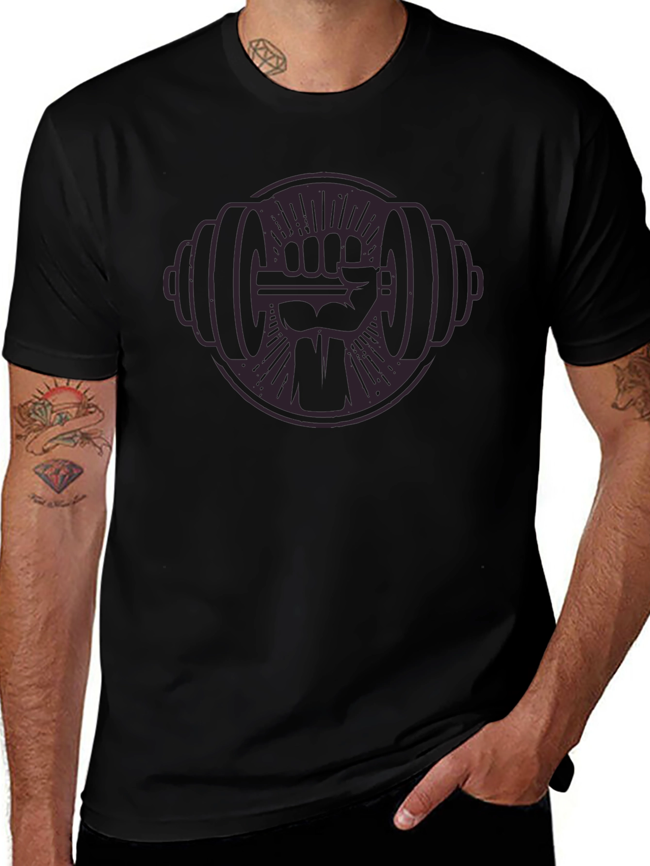 Black Graphic Tee: Fist Holding Barbell Design