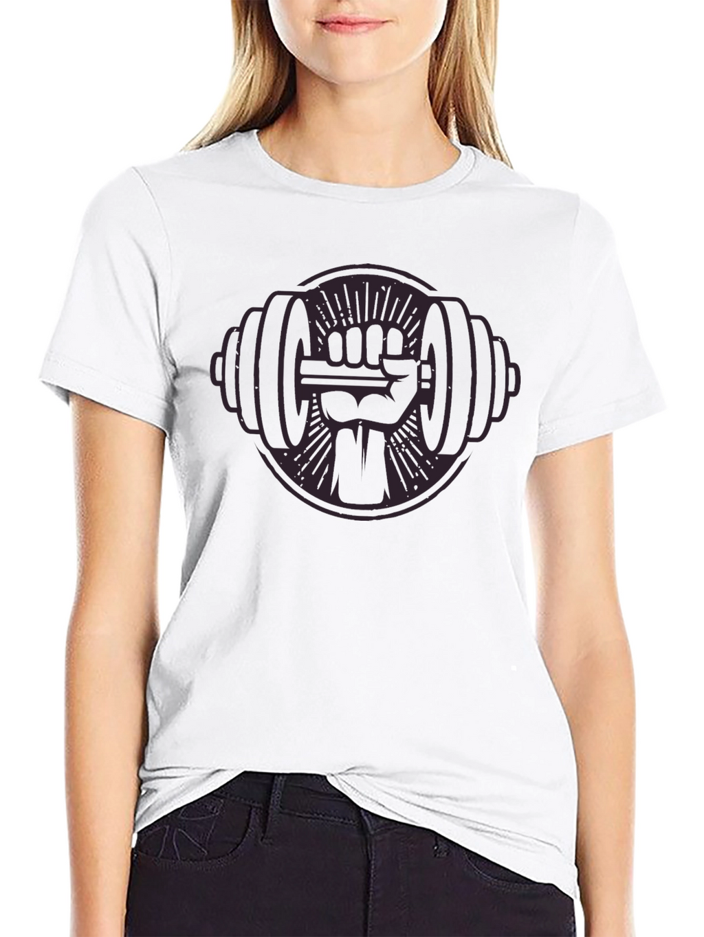 Black Graphic Tee: Fist Holding Barbell Design