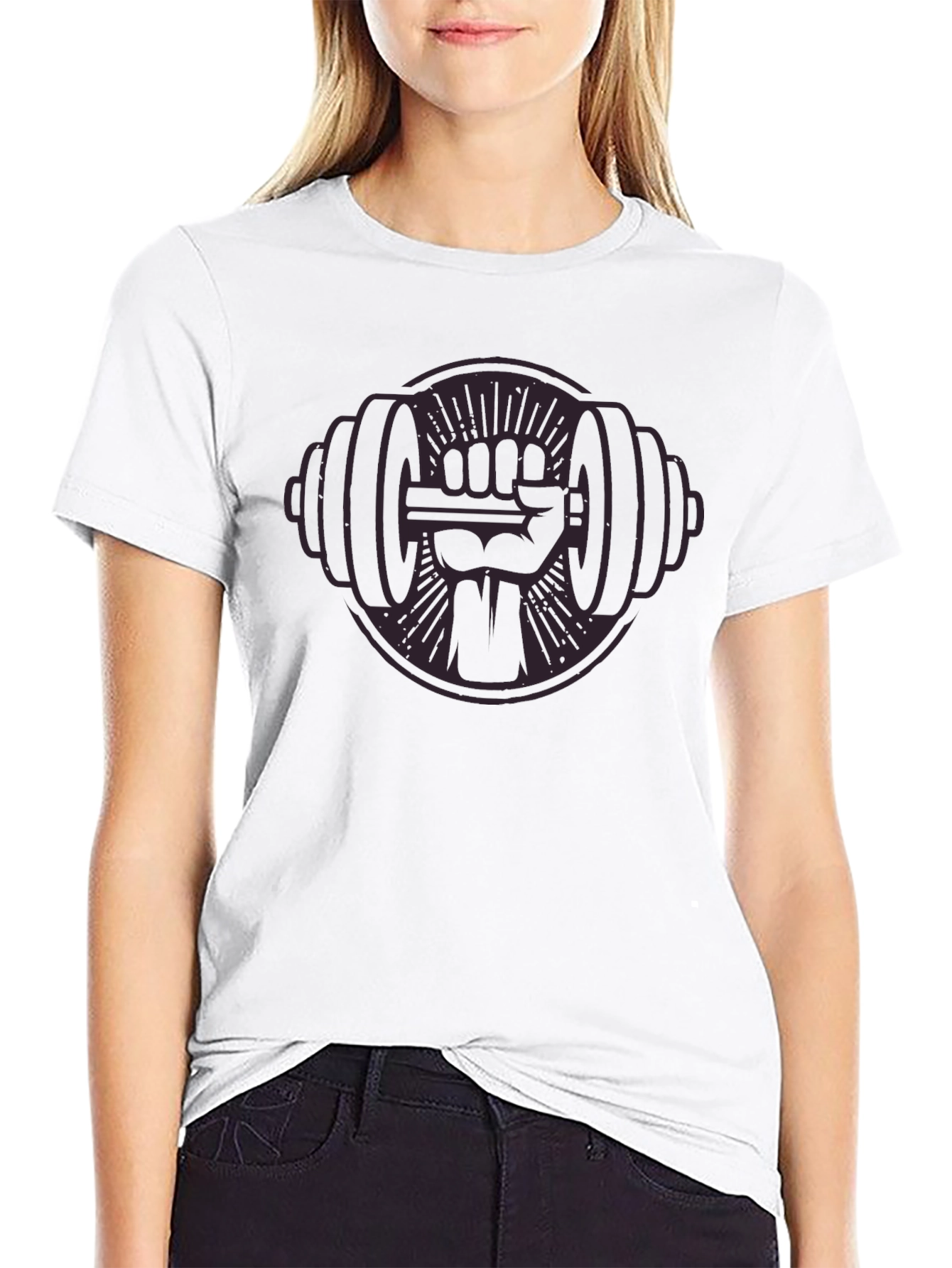 Black Graphic Tee: Fist Holding Barbell Design