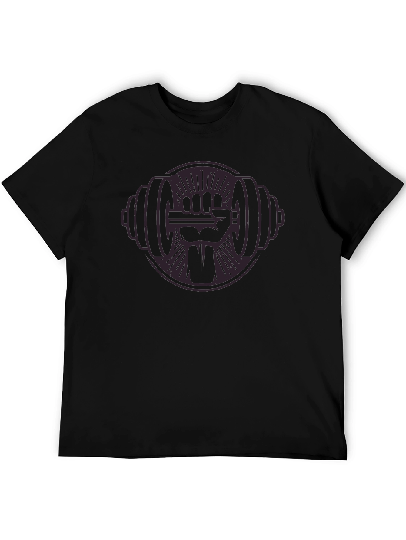 Black Graphic Tee: Fist Holding Barbell Design