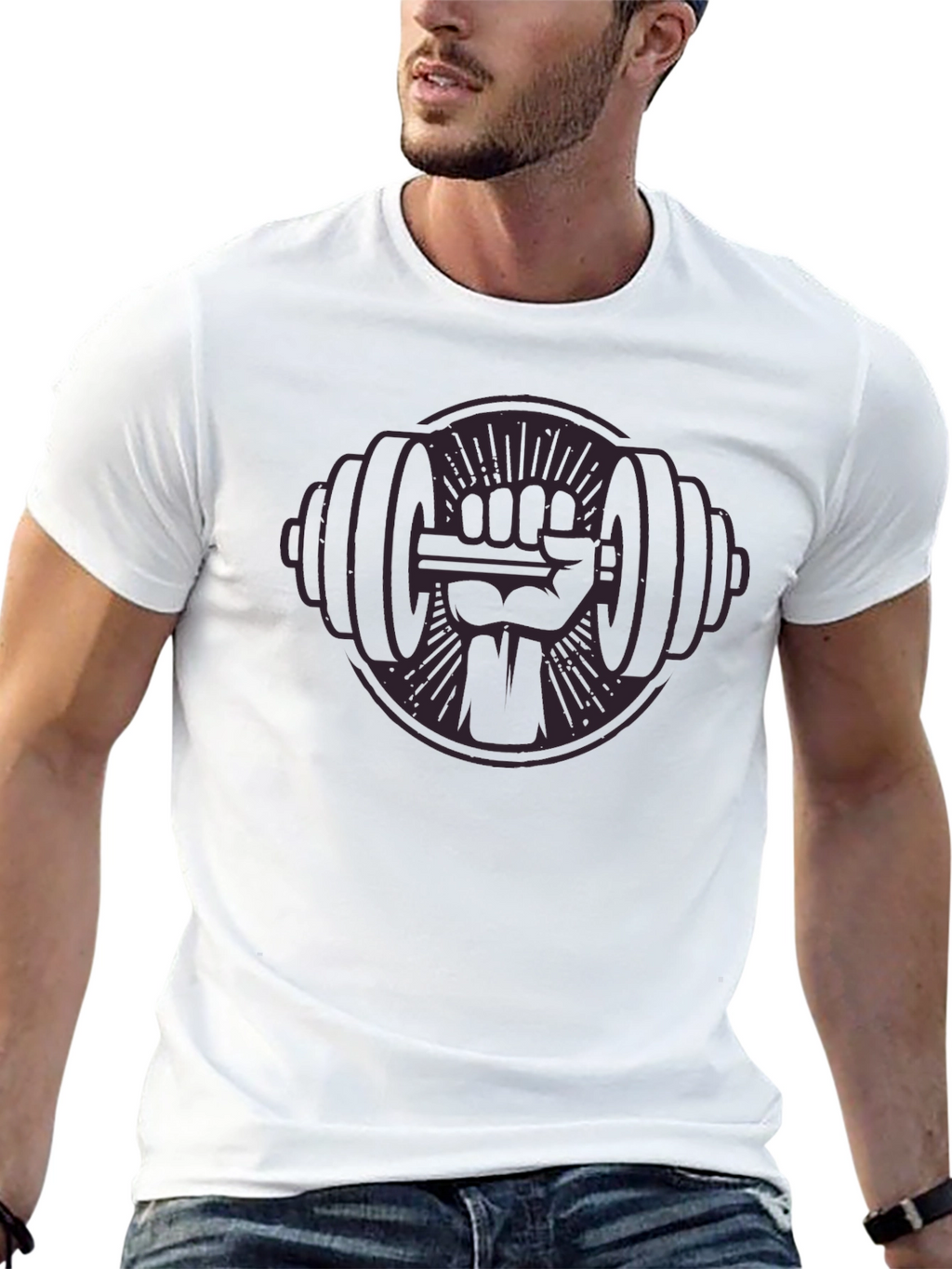 Black Graphic Tee: Fist Holding Barbell Design