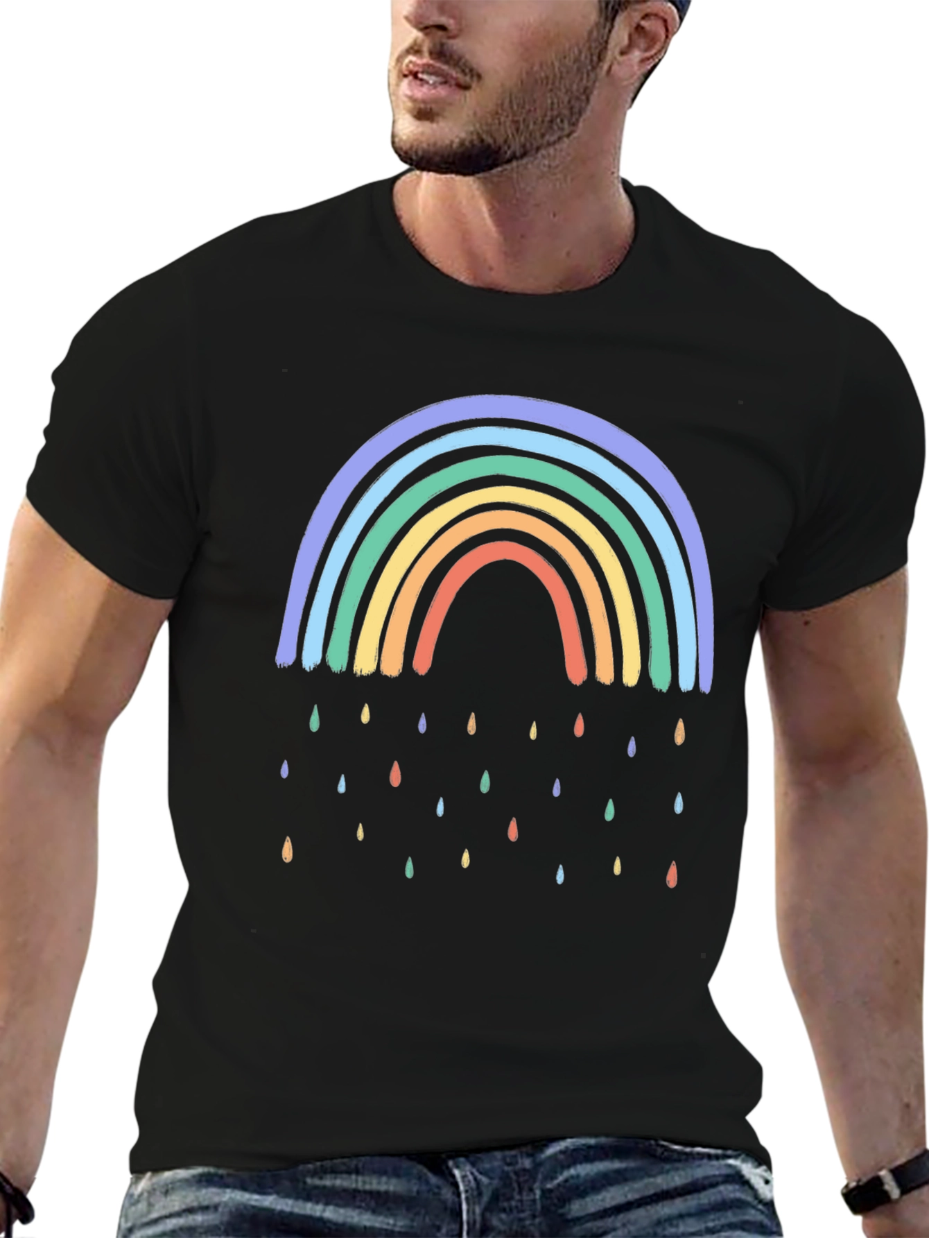 Rainbow Raindrop Graphic Black T-Shirt