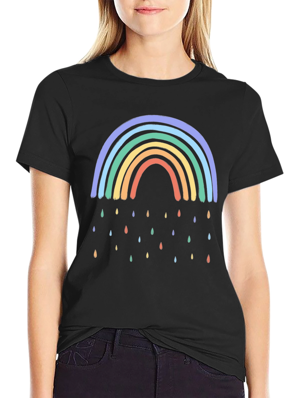 Rainbow Raindrop Graphic Black T-Shirt