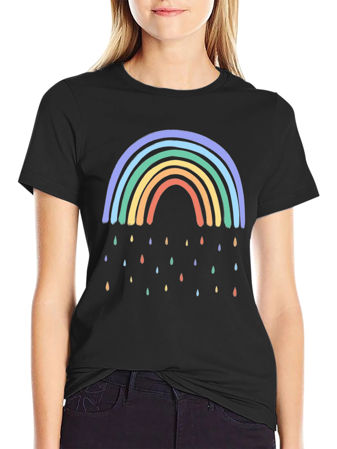 Rainbow Raindrop Graphic Black T-Shirt