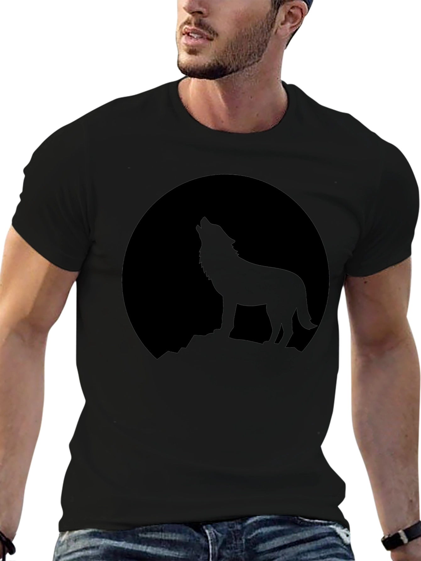 Wolf Howling at Moon Graphic T-Shirt - Black